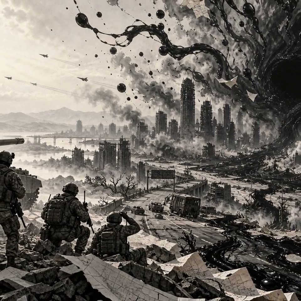 The Paper Front home screen: an ink-drawn front line with the Blot tearing across a ruined city, drawn as a fifteen-second loop
