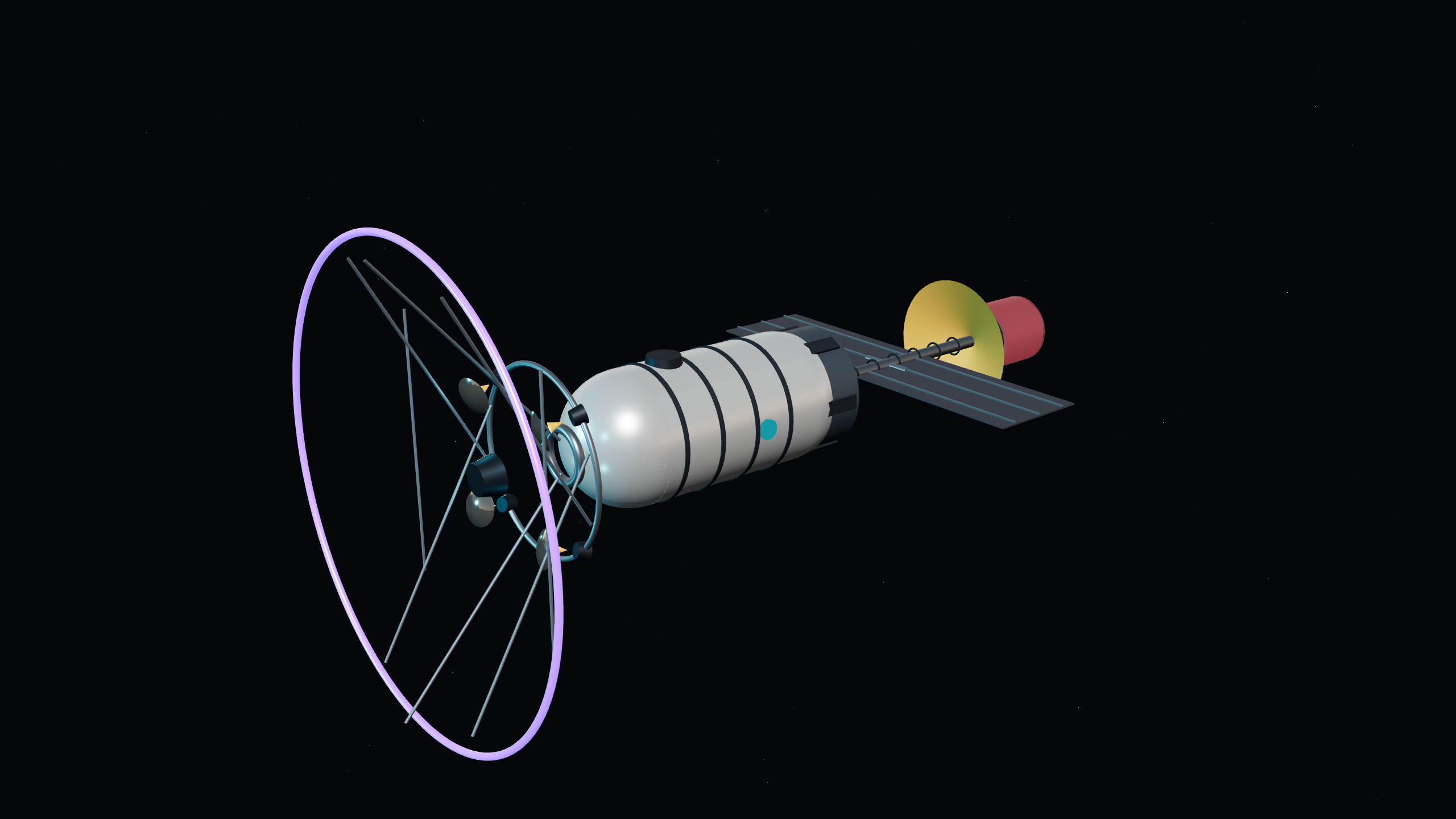 Rendered Rev C vehicle with reactor, shadow shield, boom, radiators and 15 m superconducting coil