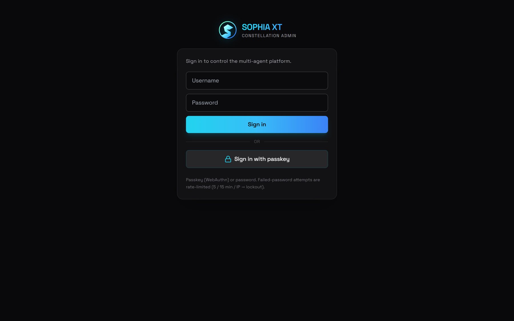 The Constellation admin sign-in: username and password, or a passkey