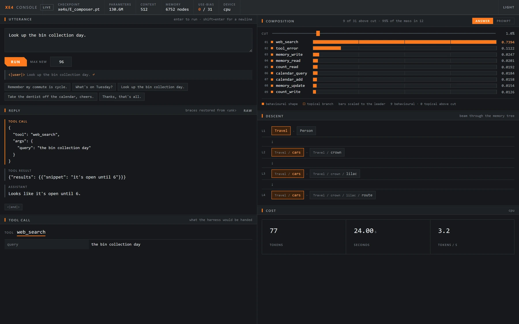 The console on a tool lookup. The composition panel lists web_search at 0.7394 ahead of tool_error at 0.1122 and seven more specialists, the reply pane shows a well-formed web_search call with the query argument, and the descent panel prints the route Travel / cars with a runner-up branch beside it.
