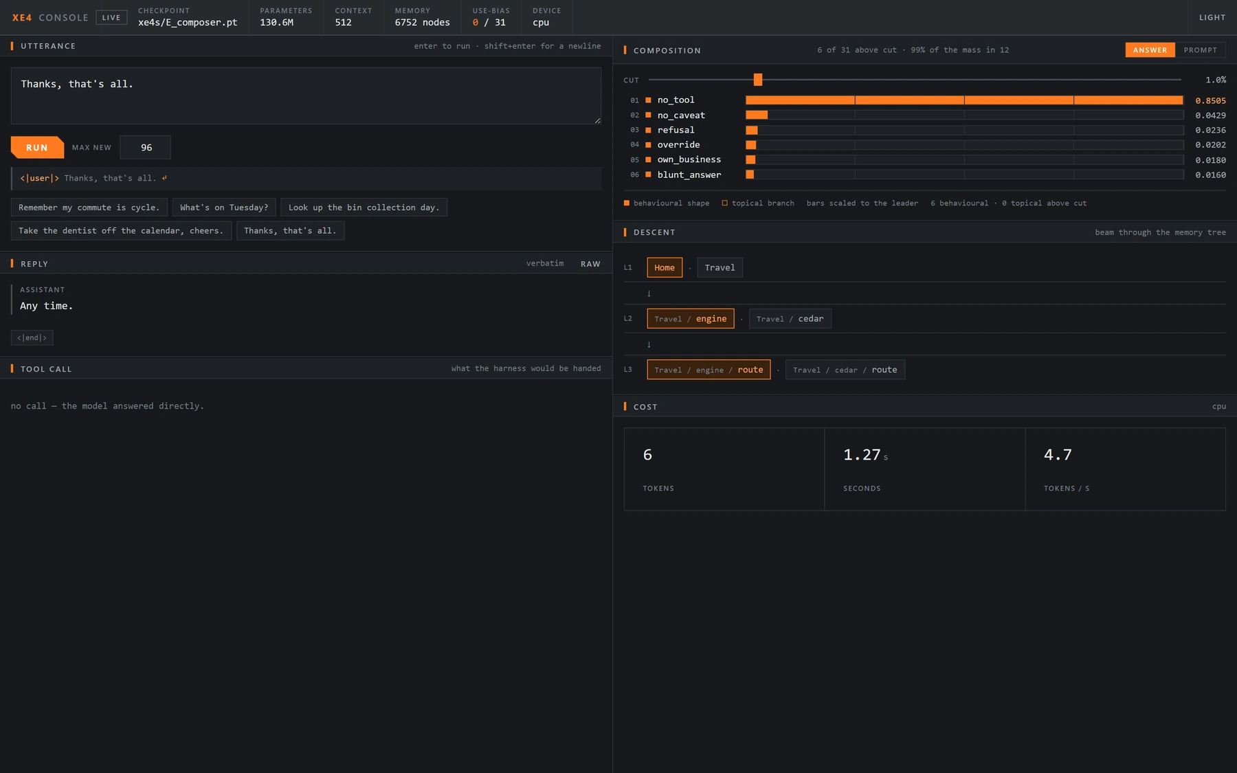 The console on a closing pleasantry. no_tool takes 0.8505, the sharpest single weight in the set, with no_caveat second at 0.0429, and the descent runs three levels from Home.