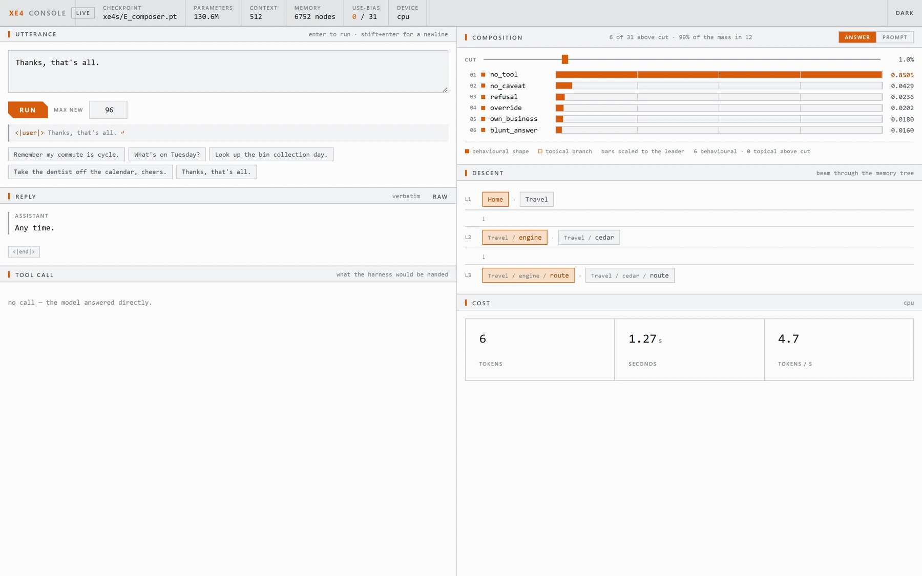 The same closing turn rendered in the console's light theme, with identical composition, descent and cost panels.